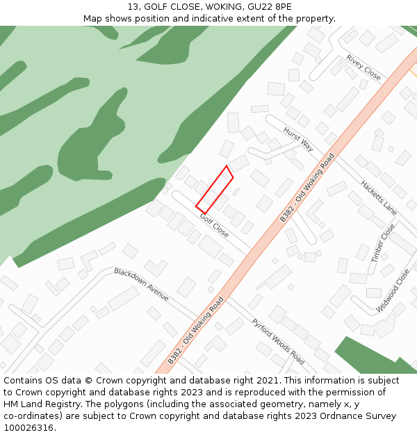 13, GOLF CLOSE, WOKING, GU22 8PE: Location map and indicative extent of plot