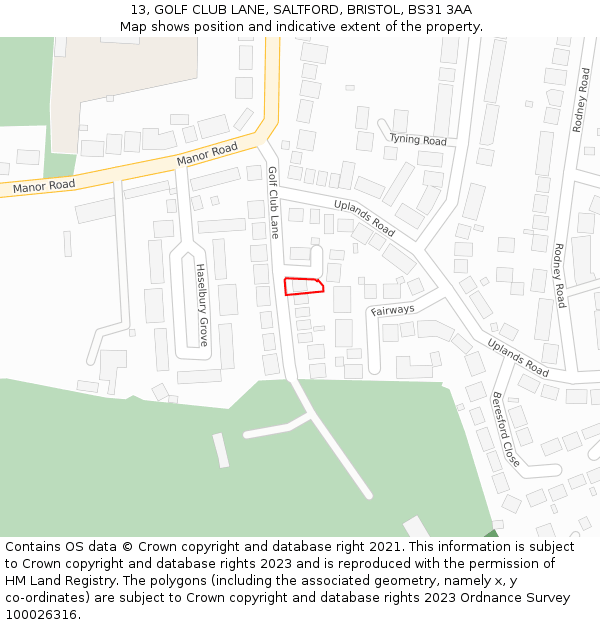 13, GOLF CLUB LANE, SALTFORD, BRISTOL, BS31 3AA: Location map and indicative extent of plot
