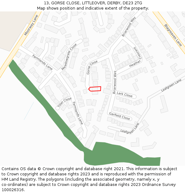 13, GORSE CLOSE, LITTLEOVER, DERBY, DE23 2TG: Location map and indicative extent of plot