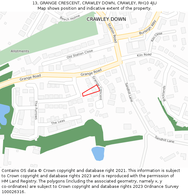 13, GRANGE CRESCENT, CRAWLEY DOWN, CRAWLEY, RH10 4JU: Location map and indicative extent of plot