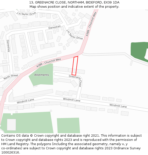 13, GREENACRE CLOSE, NORTHAM, BIDEFORD, EX39 1DA: Location map and indicative extent of plot