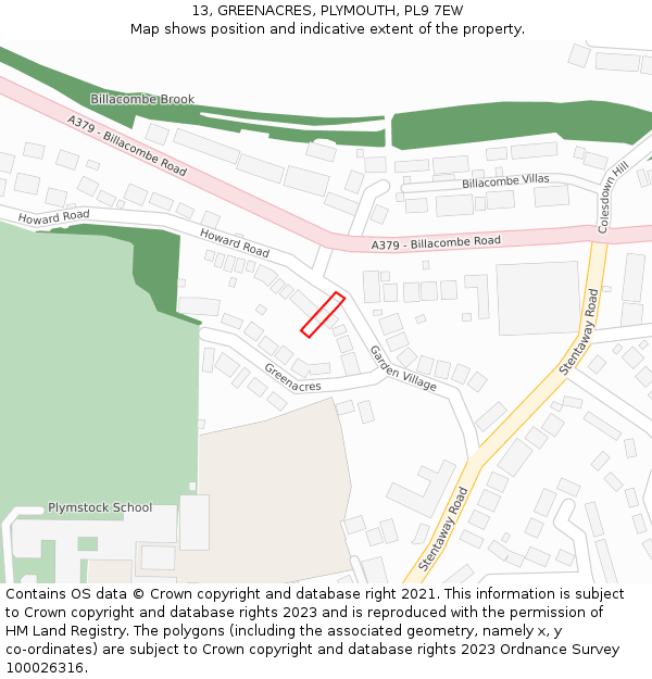 13, GREENACRES, PLYMOUTH, PL9 7EW: Location map and indicative extent of plot