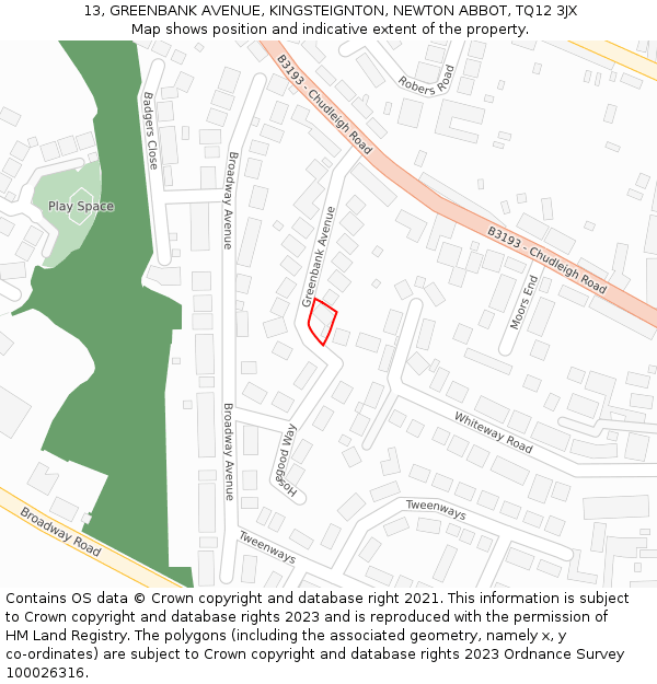 13, GREENBANK AVENUE, KINGSTEIGNTON, NEWTON ABBOT, TQ12 3JX: Location map and indicative extent of plot