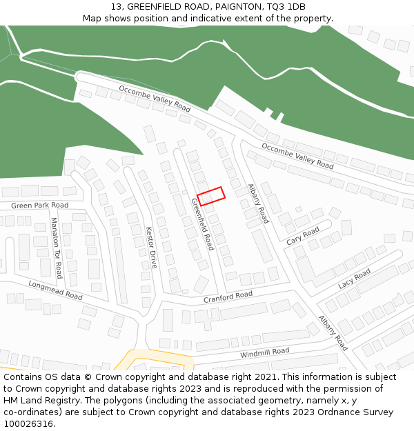 13, GREENFIELD ROAD, PAIGNTON, TQ3 1DB: Location map and indicative extent of plot