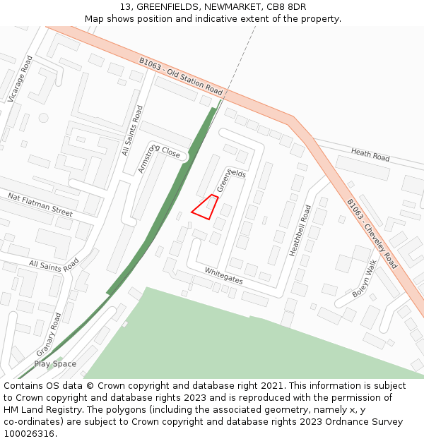 13, GREENFIELDS, NEWMARKET, CB8 8DR: Location map and indicative extent of plot