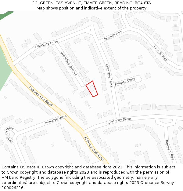 13, GREENLEAS AVENUE, EMMER GREEN, READING, RG4 8TA: Location map and indicative extent of plot