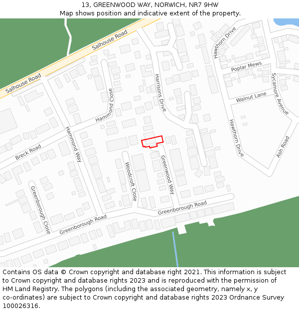 13, GREENWOOD WAY, NORWICH, NR7 9HW: Location map and indicative extent of plot