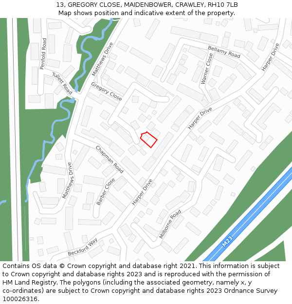 13, GREGORY CLOSE, MAIDENBOWER, CRAWLEY, RH10 7LB: Location map and indicative extent of plot
