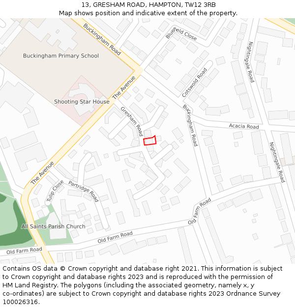 13, GRESHAM ROAD, HAMPTON, TW12 3RB: Location map and indicative extent of plot