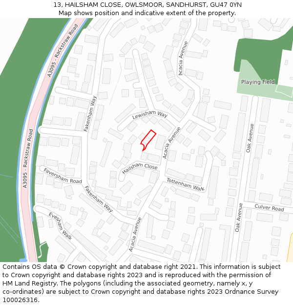 13, HAILSHAM CLOSE, OWLSMOOR, SANDHURST, GU47 0YN: Location map and indicative extent of plot
