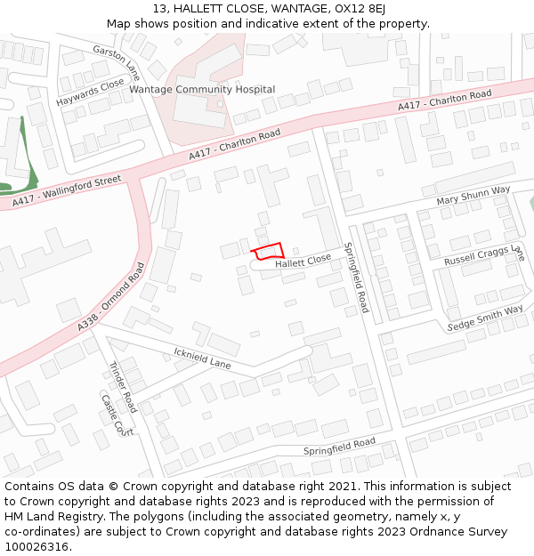 13, HALLETT CLOSE, WANTAGE, OX12 8EJ: Location map and indicative extent of plot