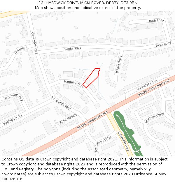 13, HARDWICK DRIVE, MICKLEOVER, DERBY, DE3 9BN: Location map and indicative extent of plot