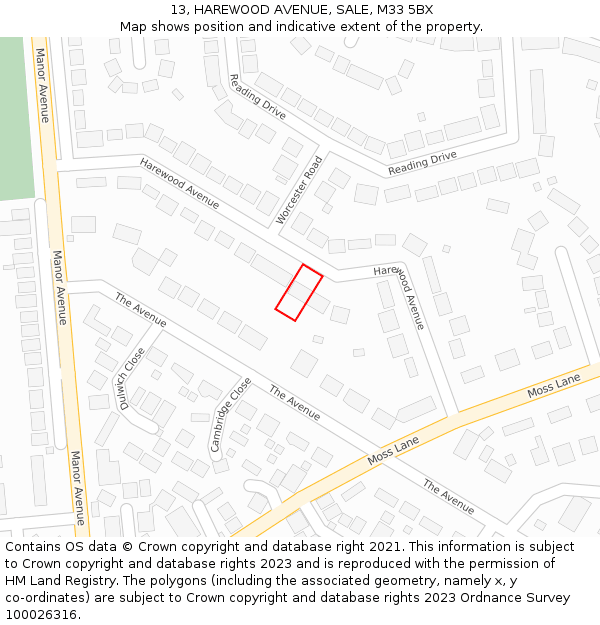 13, HAREWOOD AVENUE, SALE, M33 5BX: Location map and indicative extent of plot