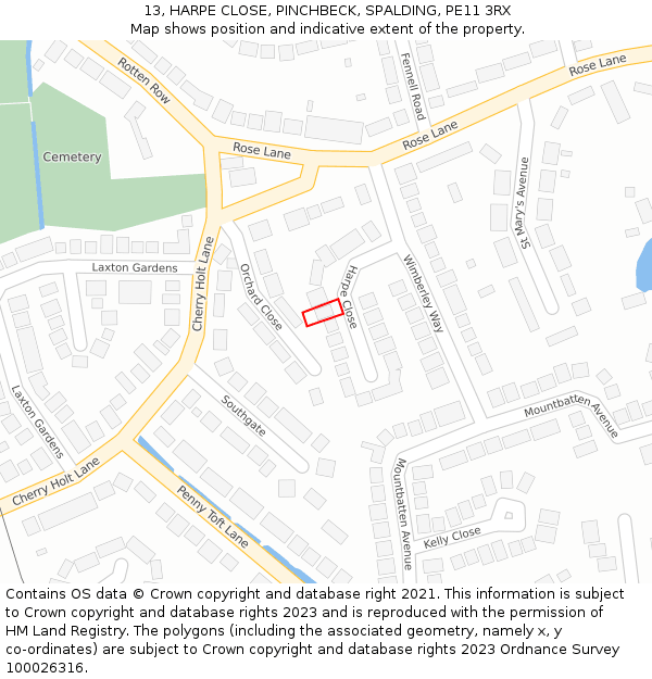 13, HARPE CLOSE, PINCHBECK, SPALDING, PE11 3RX: Location map and indicative extent of plot
