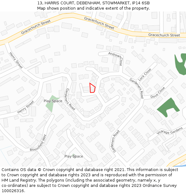 13, HARRIS COURT, DEBENHAM, STOWMARKET, IP14 6SB: Location map and indicative extent of plot