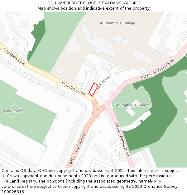 13, HAVERCROFT CLOSE, ST ALBANS, AL3 4LD: Location map and indicative extent of plot