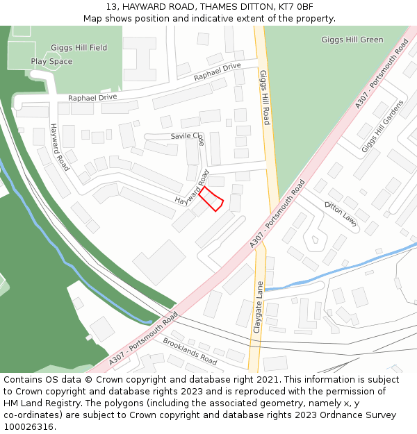 13, HAYWARD ROAD, THAMES DITTON, KT7 0BF: Location map and indicative extent of plot