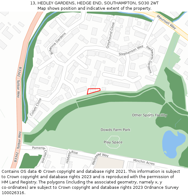 13, HEDLEY GARDENS, HEDGE END, SOUTHAMPTON, SO30 2WT: Location map and indicative extent of plot