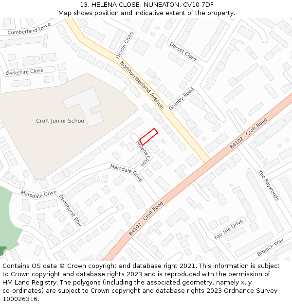 13, HELENA CLOSE, NUNEATON, CV10 7DF: Location map and indicative extent of plot