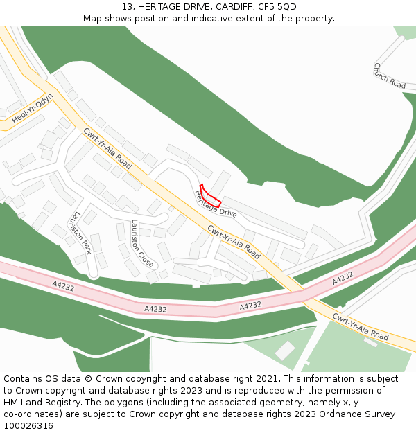 13, HERITAGE DRIVE, CARDIFF, CF5 5QD: Location map and indicative extent of plot