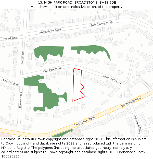 13, HIGH PARK ROAD, BROADSTONE, BH18 9DE: Location map and indicative extent of plot