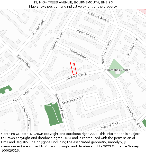 13, HIGH TREES AVENUE, BOURNEMOUTH, BH8 9JX: Location map and indicative extent of plot