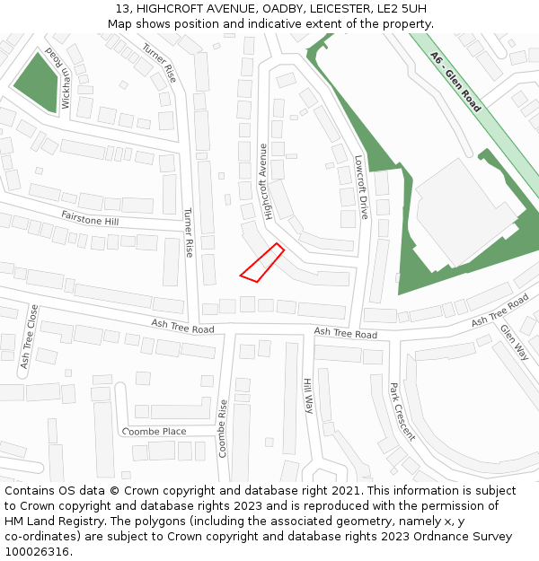 13, HIGHCROFT AVENUE, OADBY, LEICESTER, LE2 5UH: Location map and indicative extent of plot