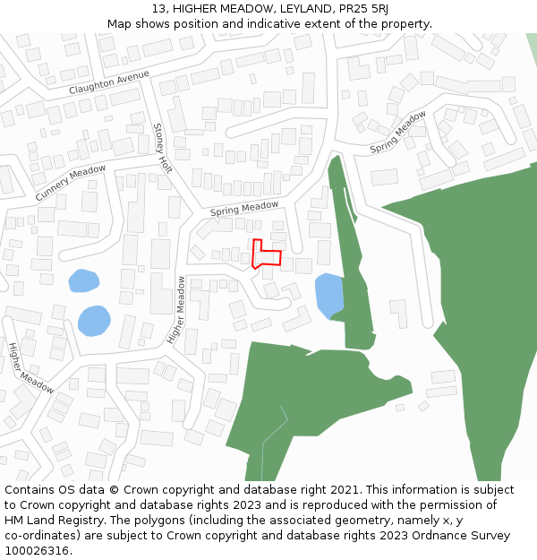 13, HIGHER MEADOW, LEYLAND, PR25 5RJ: Location map and indicative extent of plot