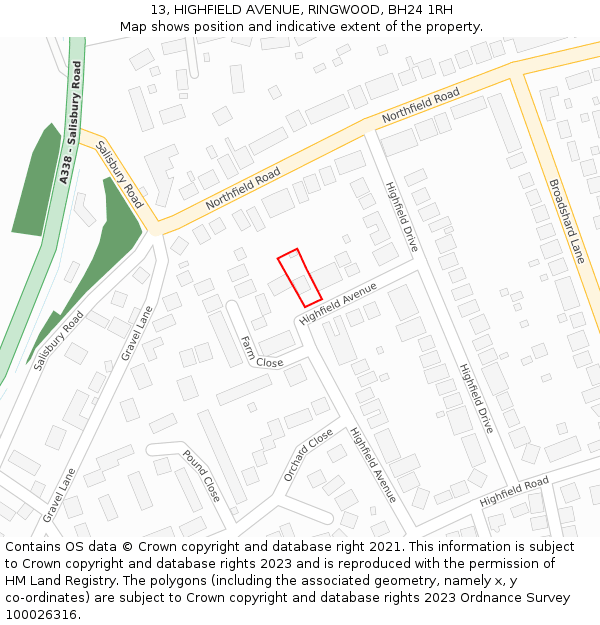 13, HIGHFIELD AVENUE, RINGWOOD, BH24 1RH: Location map and indicative extent of plot