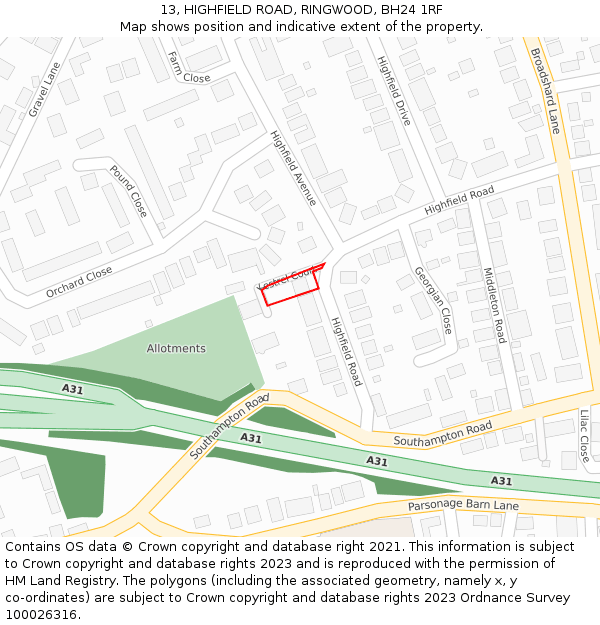 13, HIGHFIELD ROAD, RINGWOOD, BH24 1RF: Location map and indicative extent of plot