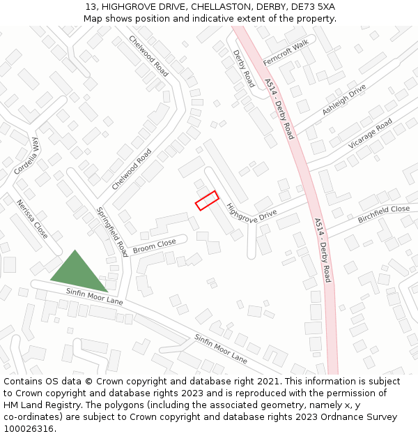 13, HIGHGROVE DRIVE, CHELLASTON, DERBY, DE73 5XA: Location map and indicative extent of plot