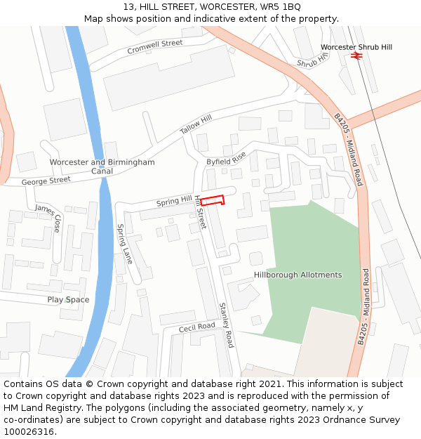 13, HILL STREET, WORCESTER, WR5 1BQ: Location map and indicative extent of plot