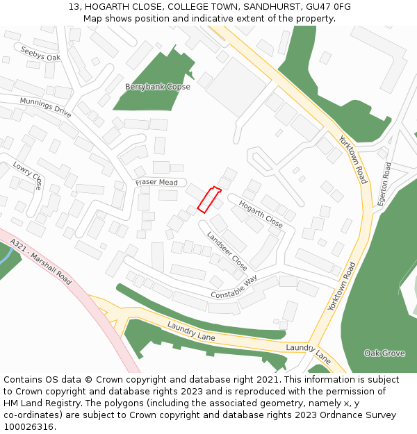 13, HOGARTH CLOSE, COLLEGE TOWN, SANDHURST, GU47 0FG: Location map and indicative extent of plot