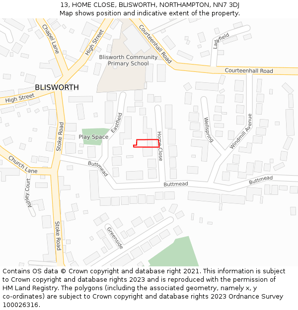 13, HOME CLOSE, BLISWORTH, NORTHAMPTON, NN7 3DJ: Location map and indicative extent of plot