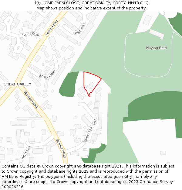 13, HOME FARM CLOSE, GREAT OAKLEY, CORBY, NN18 8HQ: Location map and indicative extent of plot