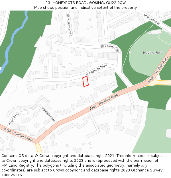 13, HONEYPOTS ROAD, WOKING, GU22 9QW: Location map and indicative extent of plot