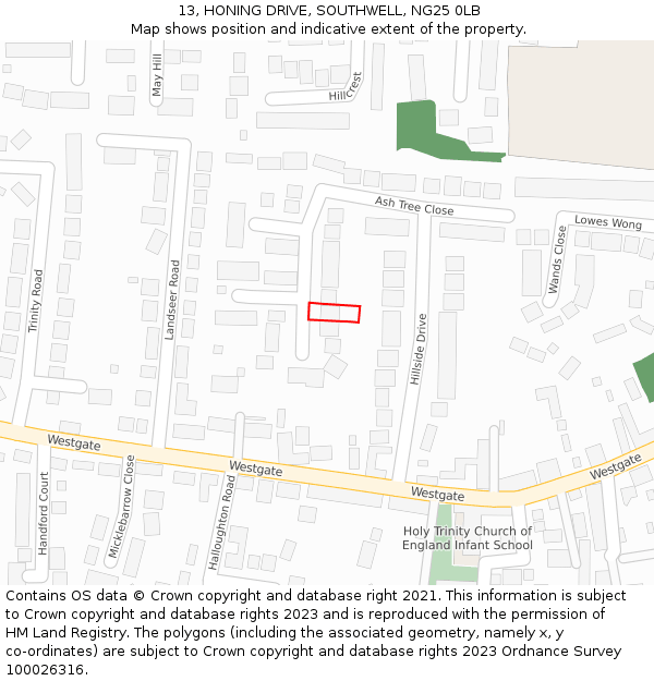 13, HONING DRIVE, SOUTHWELL, NG25 0LB: Location map and indicative extent of plot