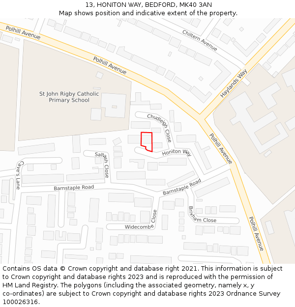 13, HONITON WAY, BEDFORD, MK40 3AN: Location map and indicative extent of plot