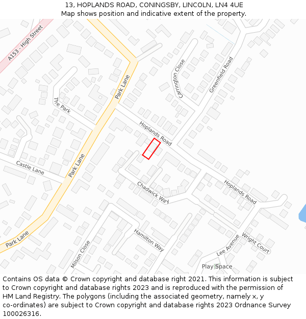 13, HOPLANDS ROAD, CONINGSBY, LINCOLN, LN4 4UE: Location map and indicative extent of plot