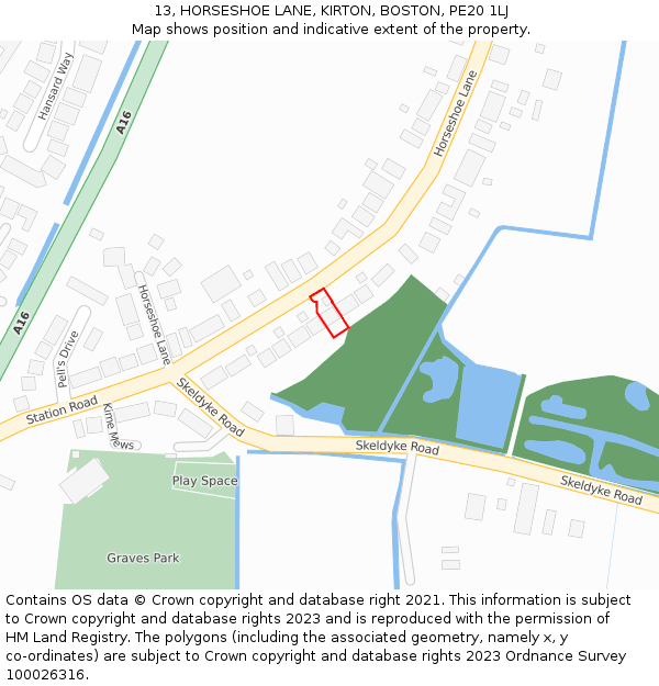 13, HORSESHOE LANE, KIRTON, BOSTON, PE20 1LJ: Location map and indicative extent of plot
