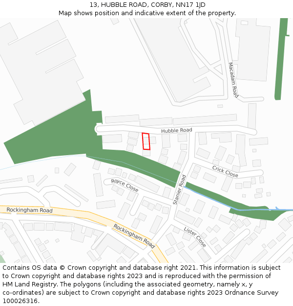 13, HUBBLE ROAD, CORBY, NN17 1JD: Location map and indicative extent of plot