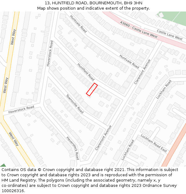 13, HUNTFIELD ROAD, BOURNEMOUTH, BH9 3HN: Location map and indicative extent of plot