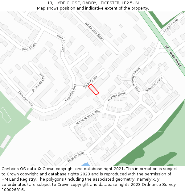 13, HYDE CLOSE, OADBY, LEICESTER, LE2 5UN: Location map and indicative extent of plot