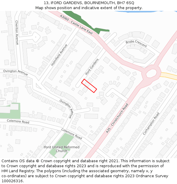13, IFORD GARDENS, BOURNEMOUTH, BH7 6SQ: Location map and indicative extent of plot