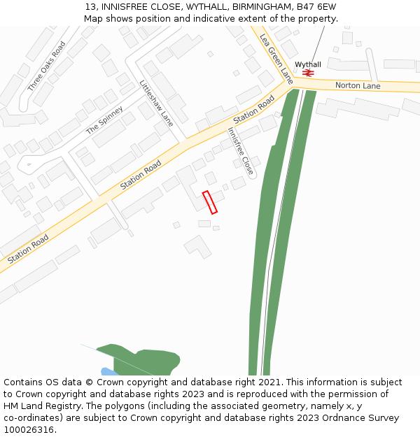 13, INNISFREE CLOSE, WYTHALL, BIRMINGHAM, B47 6EW: Location map and indicative extent of plot