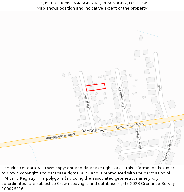13, ISLE OF MAN, RAMSGREAVE, BLACKBURN, BB1 9BW: Location map and indicative extent of plot