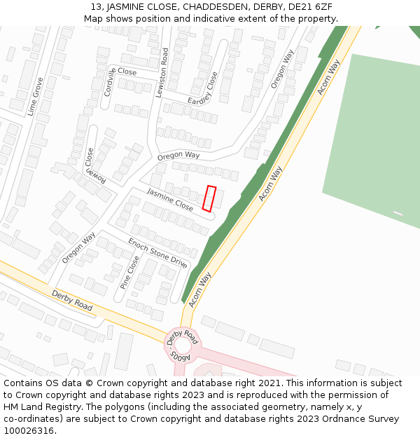 13, JASMINE CLOSE, CHADDESDEN, DERBY, DE21 6ZF: Location map and indicative extent of plot