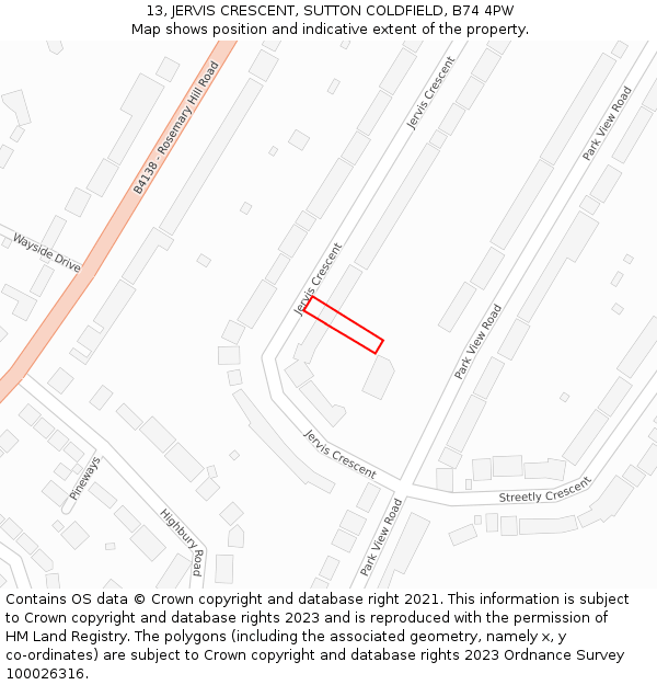 13, JERVIS CRESCENT, SUTTON COLDFIELD, B74 4PW: Location map and indicative extent of plot