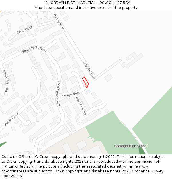 13, JORDAYN RISE, HADLEIGH, IPSWICH, IP7 5SY: Location map and indicative extent of plot