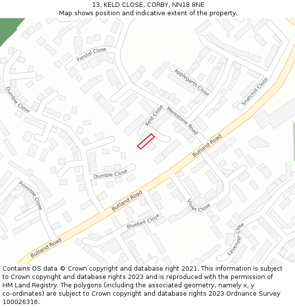 13, KELD CLOSE, CORBY, NN18 8NE: Location map and indicative extent of plot